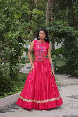 Hot Pink Gamthi Lehenga with Mirror Work for Navratri Garba