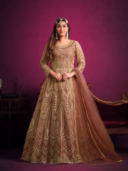 Premium beige anarkali suit party wear with rich embroidery work