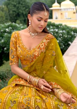 Luxury Mustard Gold Silk Bridal Lehenga Choli Close Up