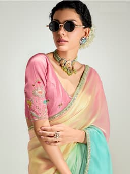 Pastel Pink Aqua Organza Saree for Party Wear