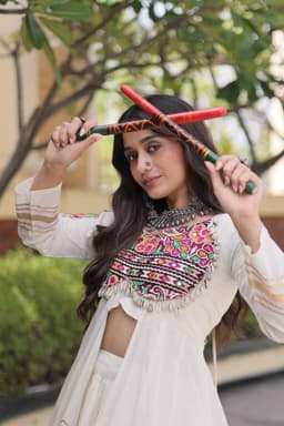 Designer Navratri Chaniya Choli | Ivory Long Shrug Lehenga with Kutchi Gamthi Work