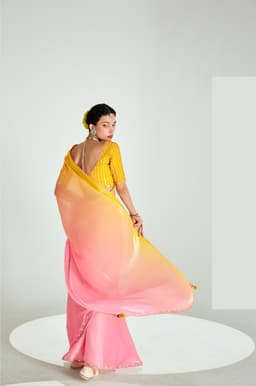 Yellow Pink Organza Saree for Festive Wear