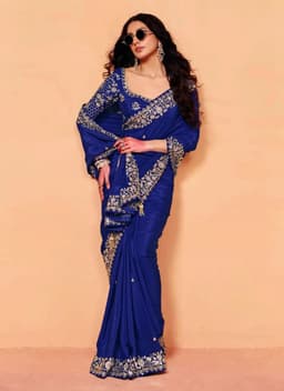 Royal Blue Satin Heavy Sequins Embroidered Wedding Saree