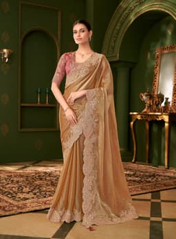 Golden Beige Wedding Saree Online