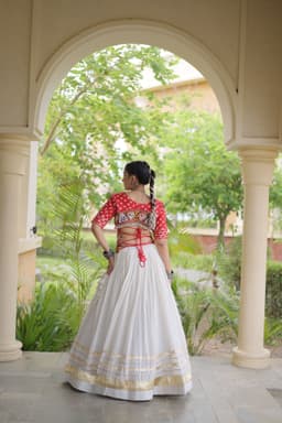 Navratri Lehenga Choli | Red Bandhej Blouse & White Lehenga for Navratri