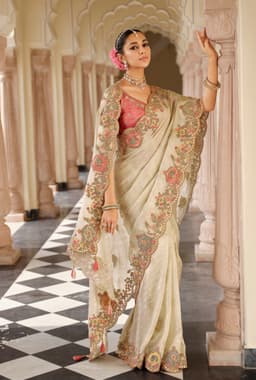 Champagne Ivory Silk Saree with Scallop Floral Embroidery Border