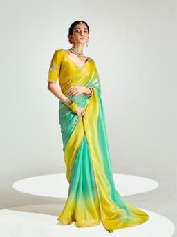 Yellow Green Organza Saree for Wedding Wear