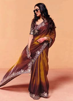 Chocolate Brown Organza Satin Heavy Sequins Wedding Saree