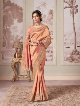 Peach Bridal Wear Jacquard Silk Saree