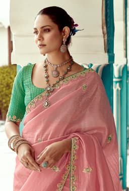 Blush Pink Tissue Saree with Embroidery Border