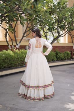 Designer Navratri Chaniya Choli | Ivory Long Shrug Lehenga with Kutchi Gamthi Work