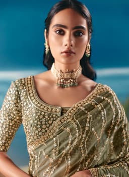 Olive Green Cocktail Wear Satin Organza Saree