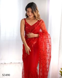 Scarlet Red Sequin Net Saree | Party Glam