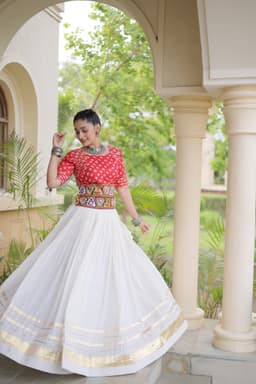 Navratri Lehenga Choli | Red Bandhej Blouse & White Lehenga for Navratri