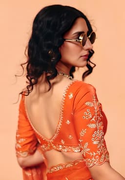 Burnt Orange Organza Satin Silk Heavy Sequins Party Saree