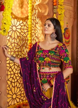 Purple Green Viscose Cotton Navratri Lehenga Choli for Garba
