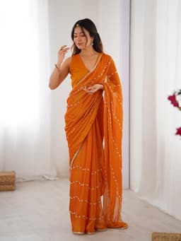 Orange Sitara Chiffon Saree with Beads Work