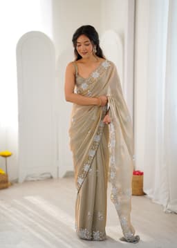 Beige Party Wear Fendy Satin Saree