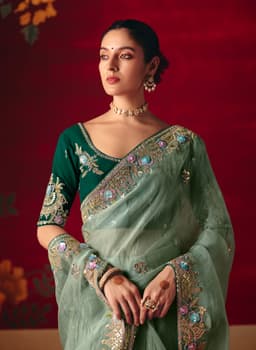 Mint Green Designer Embroidered Saree