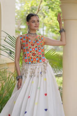 White Heart Embroidery Lehenga with Kutchi Top