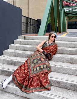Rust Baghru Print Satin Crape Saree