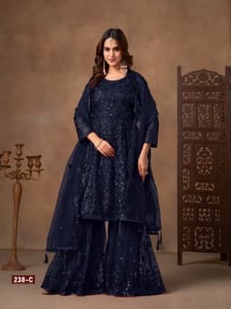 Navy Blue Net Palazzo Suit