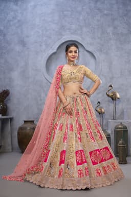 Champagne Pink Peacock Banarasi Silk Bridal Lehenga
