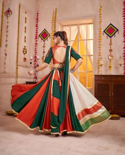 Green Orange Kutchi Patch Mirror Navratri Lehenga Choli