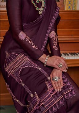 Wine Purple Satin Chiffon Saree with Mandir Design