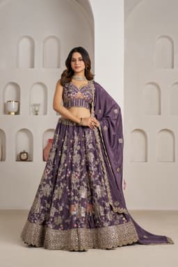Royal Purple Crepe Silk Floral Sequins Embroidered Lehenga