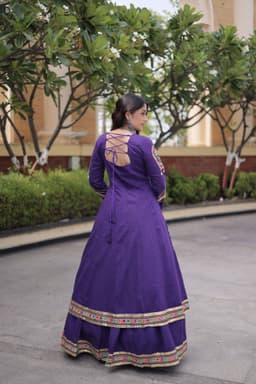 Lehenga for Navratri | Purple Kora Cotton Lehenga with Long Gamthi Shrug