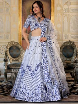 White Satin Thread Sequins Embroidered Bridal Lehenga