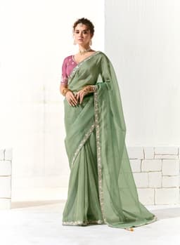 Sage Green Organza Tissue Party Wear Saree