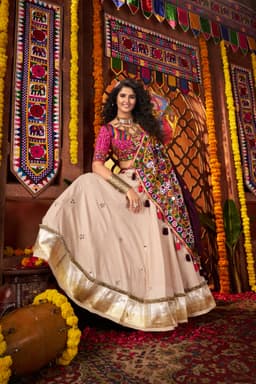 Beige Viscose Cotton Navratri Lehenga Choli with Mirror Work