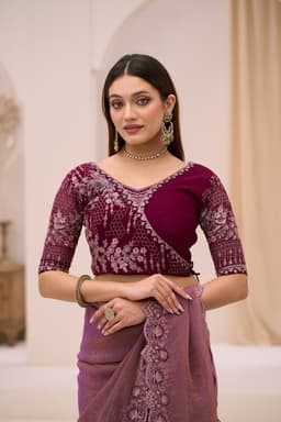 Lavender Georgette Tissue Embroidered Party Saree