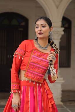 Coral Pink Gamthi Lehenga with Mirror Lace for Garba