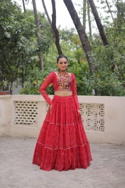 Red Bandhej Lehenga with Kutchi Gamthi Work for Garba Nights