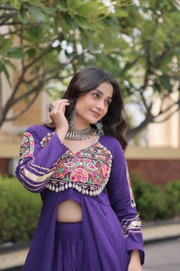 Lehenga for Navratri | Purple Kora Cotton Lehenga with Long Gamthi Shrug