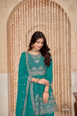 Teal Green Chinon Palazzo Suit Set with Dupatta
