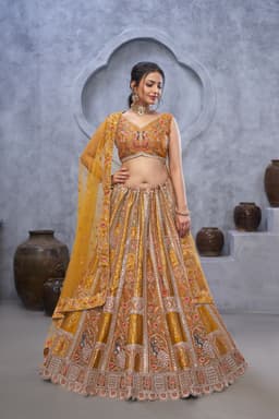 Mustard Yellow Peacock Banarasi Silk Haldi Bridal Lehenga