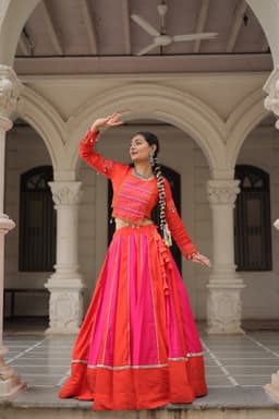 Coral Pink Gamthi Lehenga with Mirror Lace for Garba