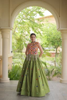 Olive Green Heart Lehenga for Garba & Navratri