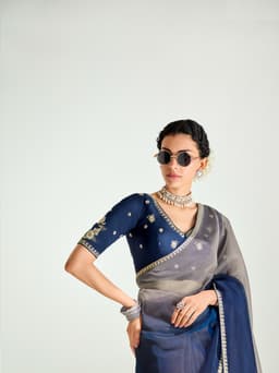 Navy Blue Grey Organza Saree for Party Wear