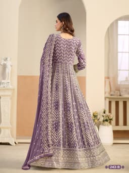 Flared purple anarkali suit party wear for festive occasions, wedding events, and traditional Indian celebrations