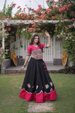 Black Lotus Lehenga with Hot Pink Gamthi Blouse