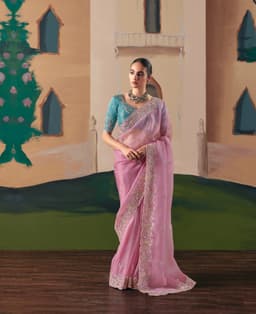 Blush Pink Wedding Guest Saree With Embroidery
