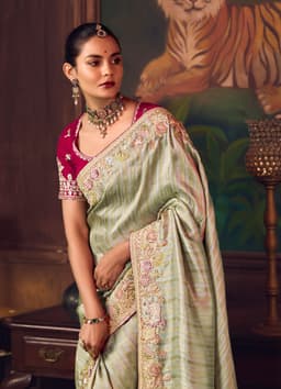 Sage Green Silk Saree with Embroidered Border