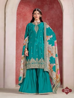 Teal Chinon Silk Sharara Suit