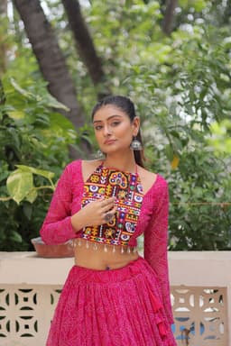 Rani Pink Bandhej Lehenga with Gamthi Work Navratri Style
