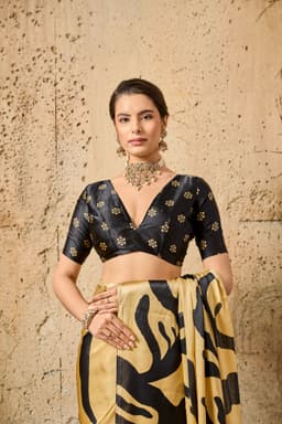 Golden Beige Modal Satin Ajrakh Print Saree for Women